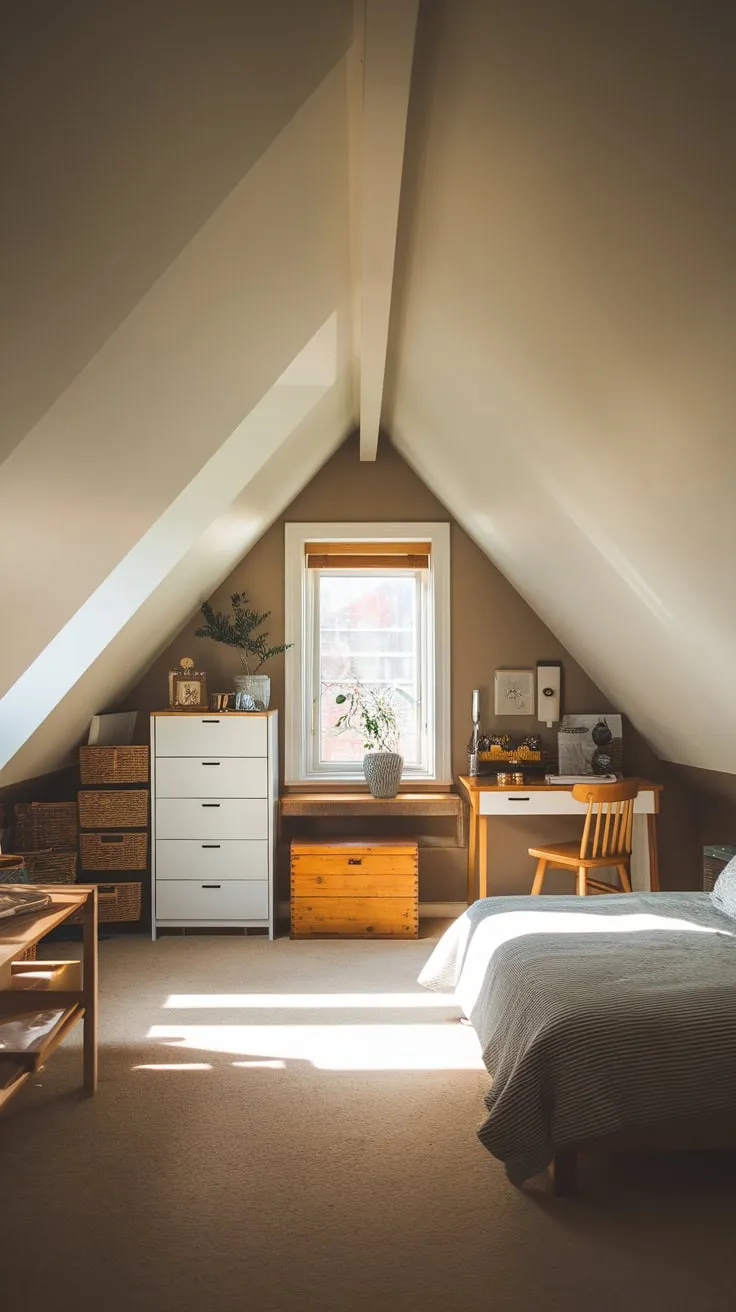 Sunlight streams through the dormer window of your attic bedroom, the sloped ceilings embracing you in a cozy warmth that belies the surprisingly airy feel of the space, a sanctuary where simplicity breeds an irresistible invitation to unwind.