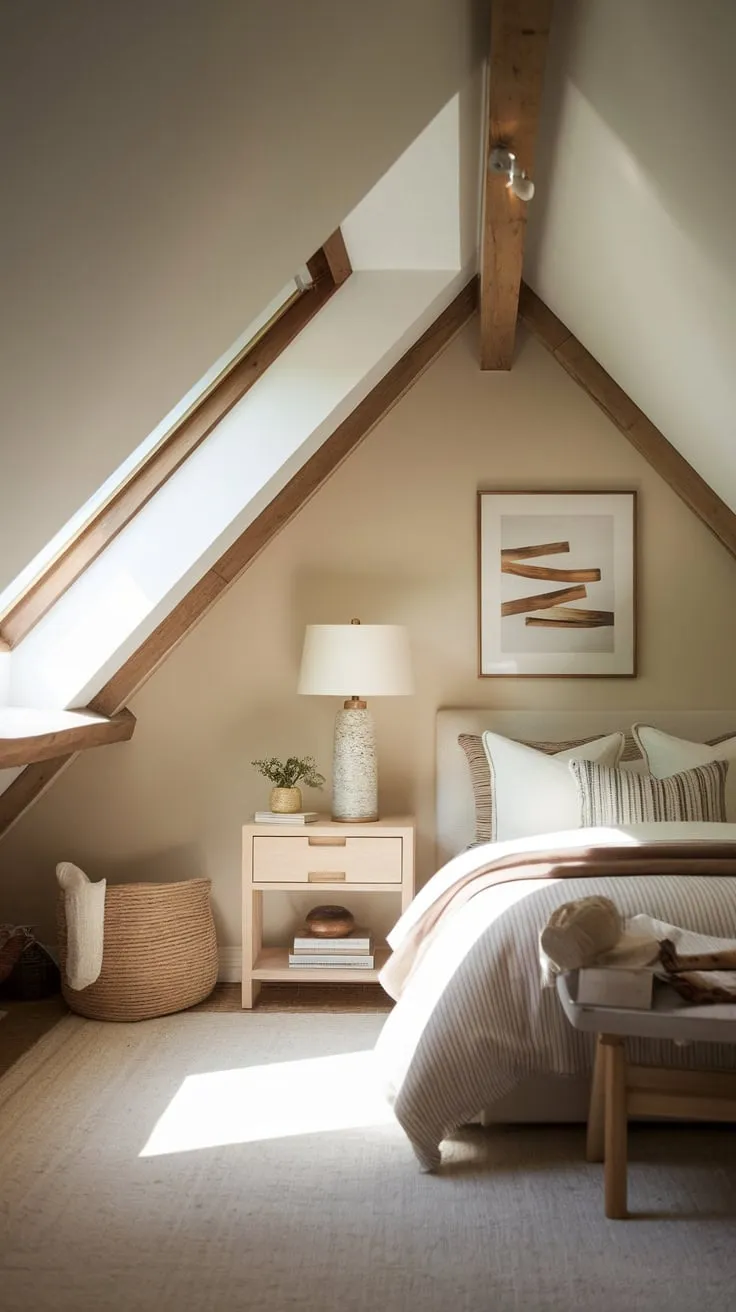 Ascend to your attic sanctuary, where the dance of angled ceilings crafts an intimate space, seamlessly merging comfort and style to conjure a serene retreat that beckons you to unwind and find your center.