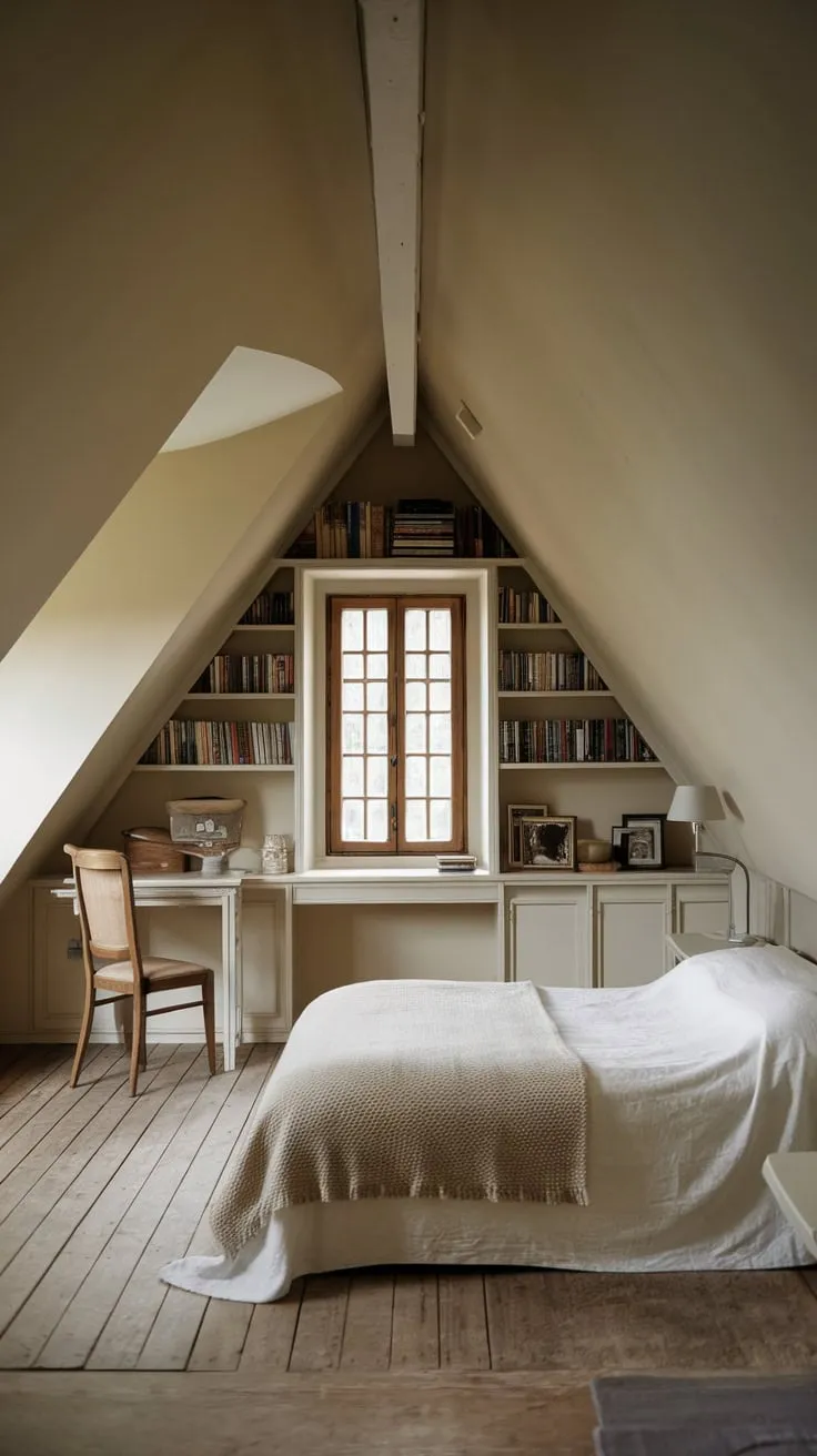 Beneath the eaves, your attic bedroom breathes a hushed serenity; the angled ceilings seem to fold in around you, creating a cocoon of warmth and peace, beckoning you to sink into a plush armchair and let the world outside fade away.
