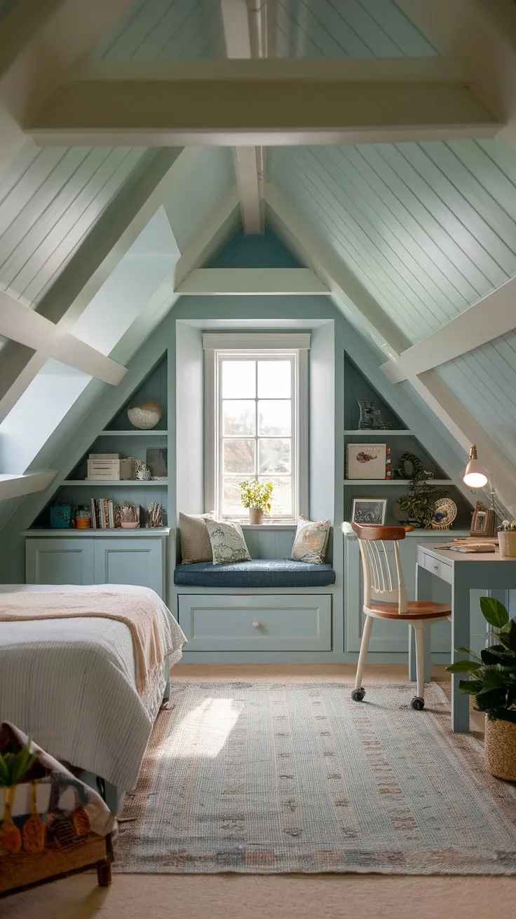 Escape to this tranquil loft bedroom nestled under the angled roof.  The charming attic space, with its sloped ceilings and dormer bedroom feature, offers a unique bedroom design.  Smart attic storage solutions and thoughtful attic renovation have created this inviting and functional small attic room, a perfect example of maximizing attic living space.