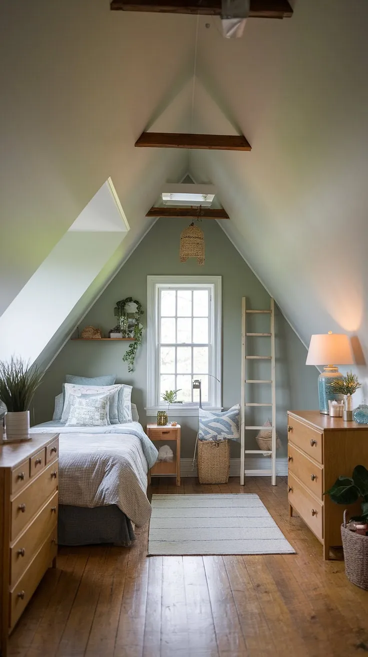 Discover the magic of this angled roof bedroom.  The attic space has been transformed into a delightful loft bedroom, complete with a dormer window and cleverly designed attic storage.  This small attic room, a perfect example of bedroom under eaves, boasts a cozy attic feel thanks to its thoughtful attic design and angled ceilings.  The result? A unique bedroom design that maximizes every inch of this attic living space.