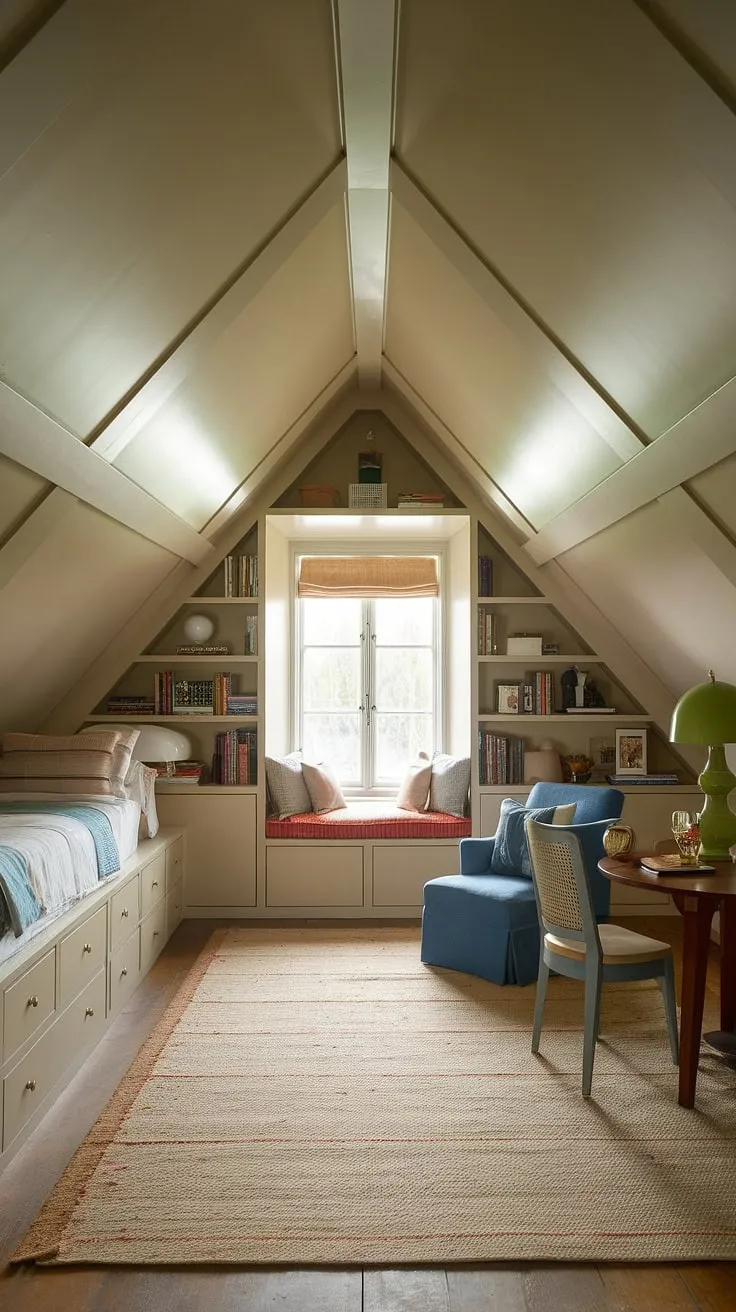 This cozy attic bedroom, a testament to clever attic design, maximizes the small attic room with a loft bed and built-in attic storage.  The angled ceilings and sloped ceilings create a unique bedroom design, transforming this attic space into a charming dormer bedroom with ample attic living space under the eaves. The angled roof bedroom's warm color palette and thoughtful attic renovation make it a truly inviting retreat.