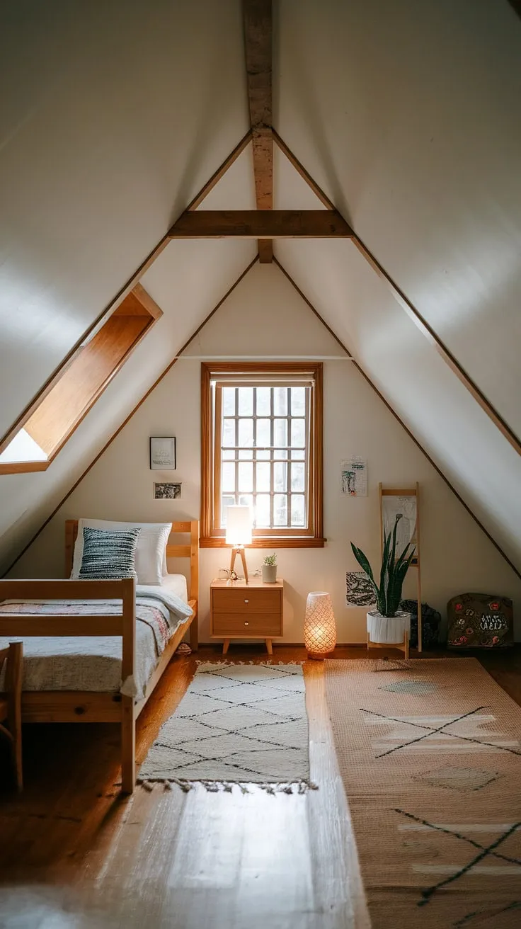 Discover the magic of this angled roof bedroom.  The attic space has been cleverly transformed into a charming and functional loft bedroom, showcasing the beauty of attic design.  With its angled ceilings and sloped ceilings, this small attic room feels surprisingly spacious and inviting.  This attic bedroom, a perfect example of bedroom under eaves, offers a unique bedroom design and a cozy attic retreat.  The dormer window and thoughtful attic renovation create a truly special attic living space.