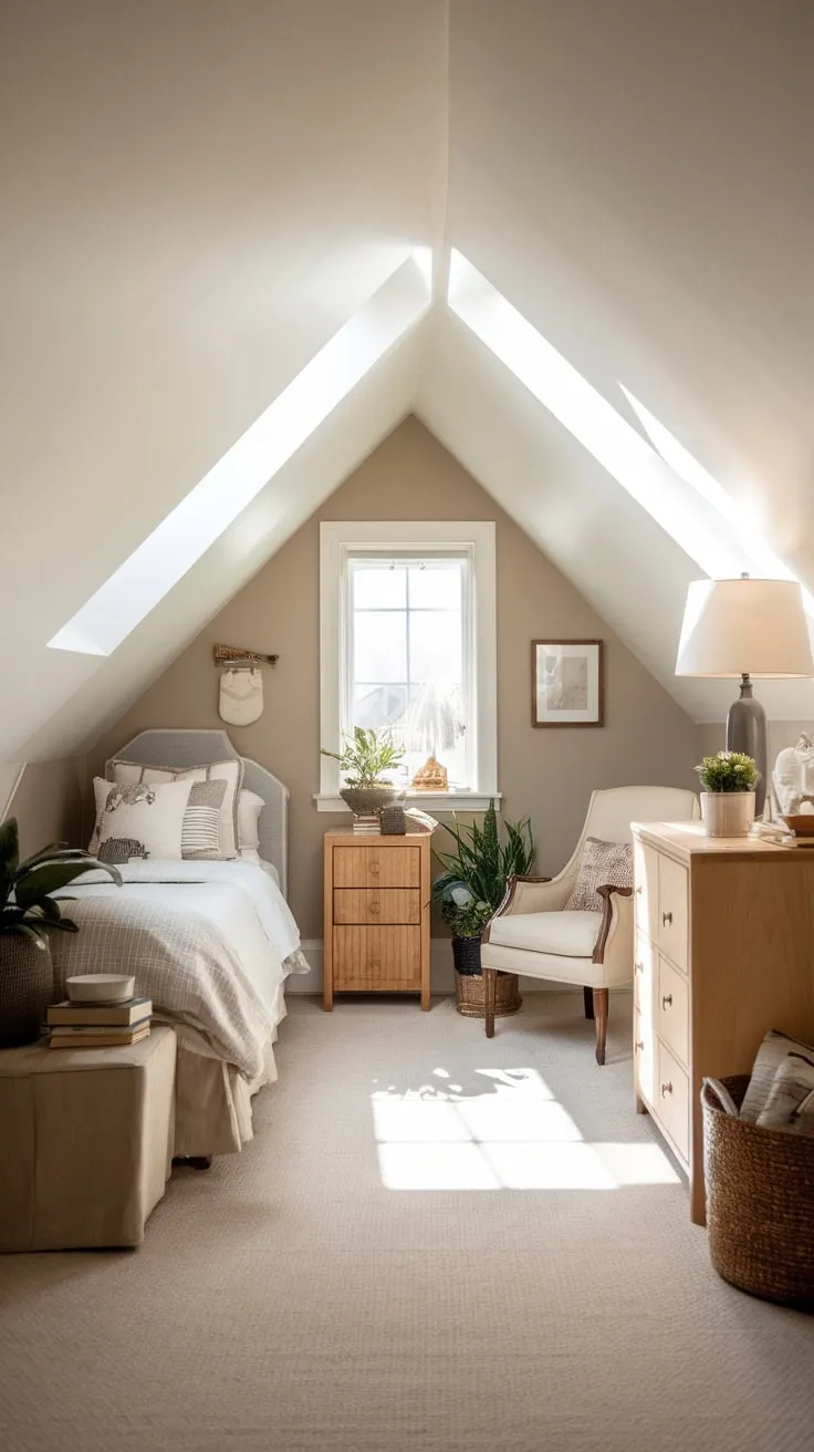 Ascend the stairs and discover your sanctuary: an attic bedroom, meticulously crafted to soothe your soul and ignite your imagination, a haven where serenity reigns supreme.