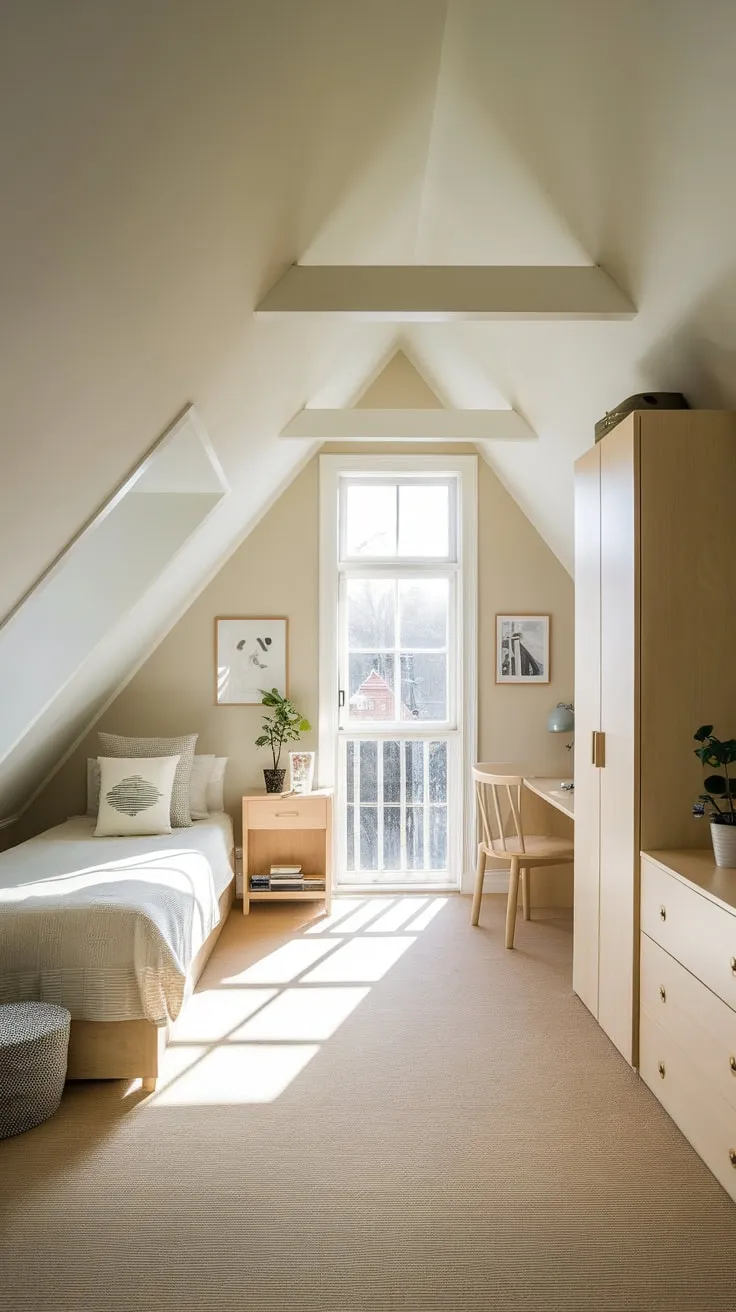 This beautifully designed attic bedroom perfectly blends comfort and style, creating an inviting retreat that feels both spacious and intimate.
