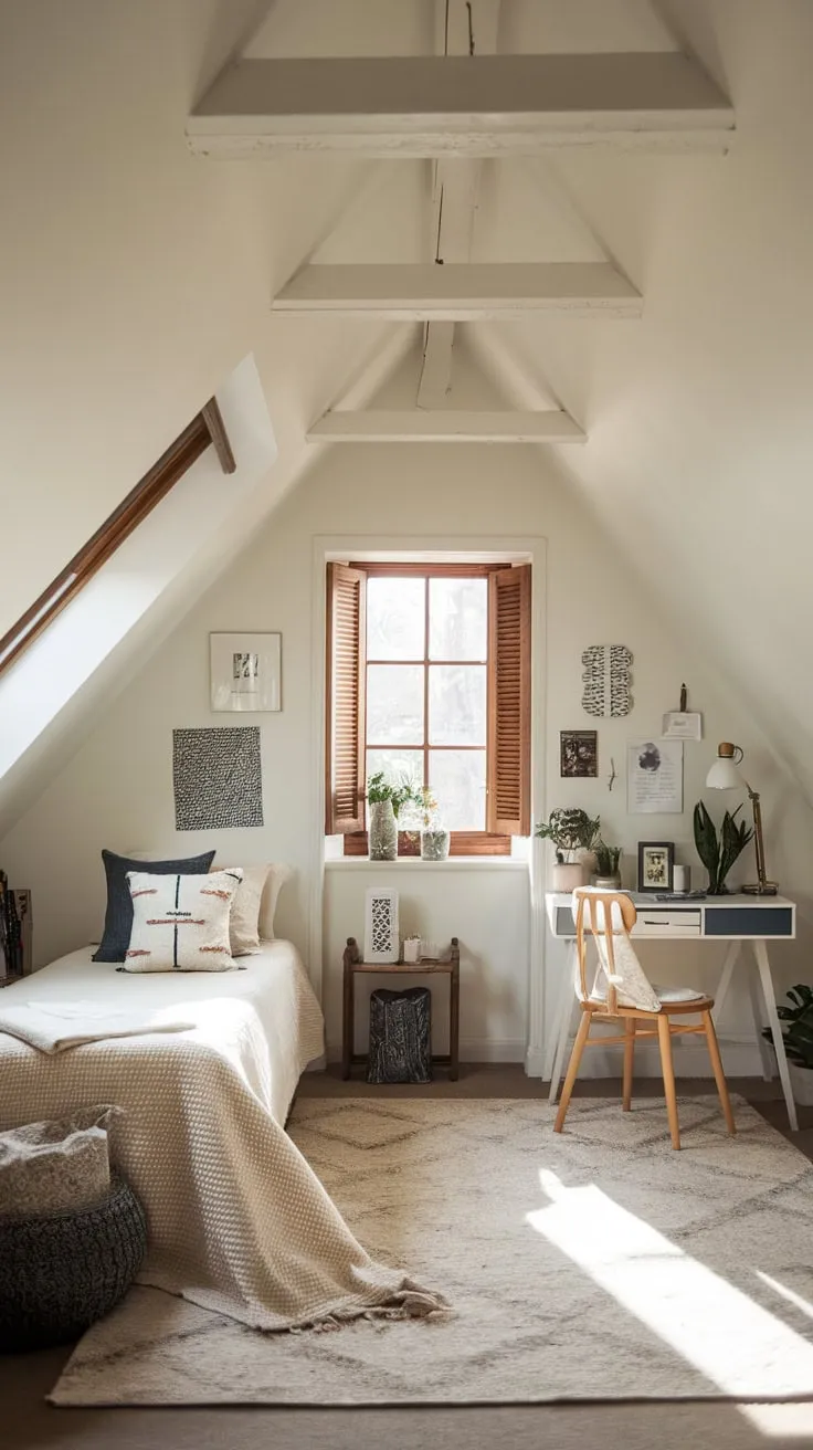 Sunlight streams through the dormer window, illuminating the attic bedroom where minimalist design meets plush comfort, transforming the space into a tranquil haven that beckons you to unwind and ignite your imagination.