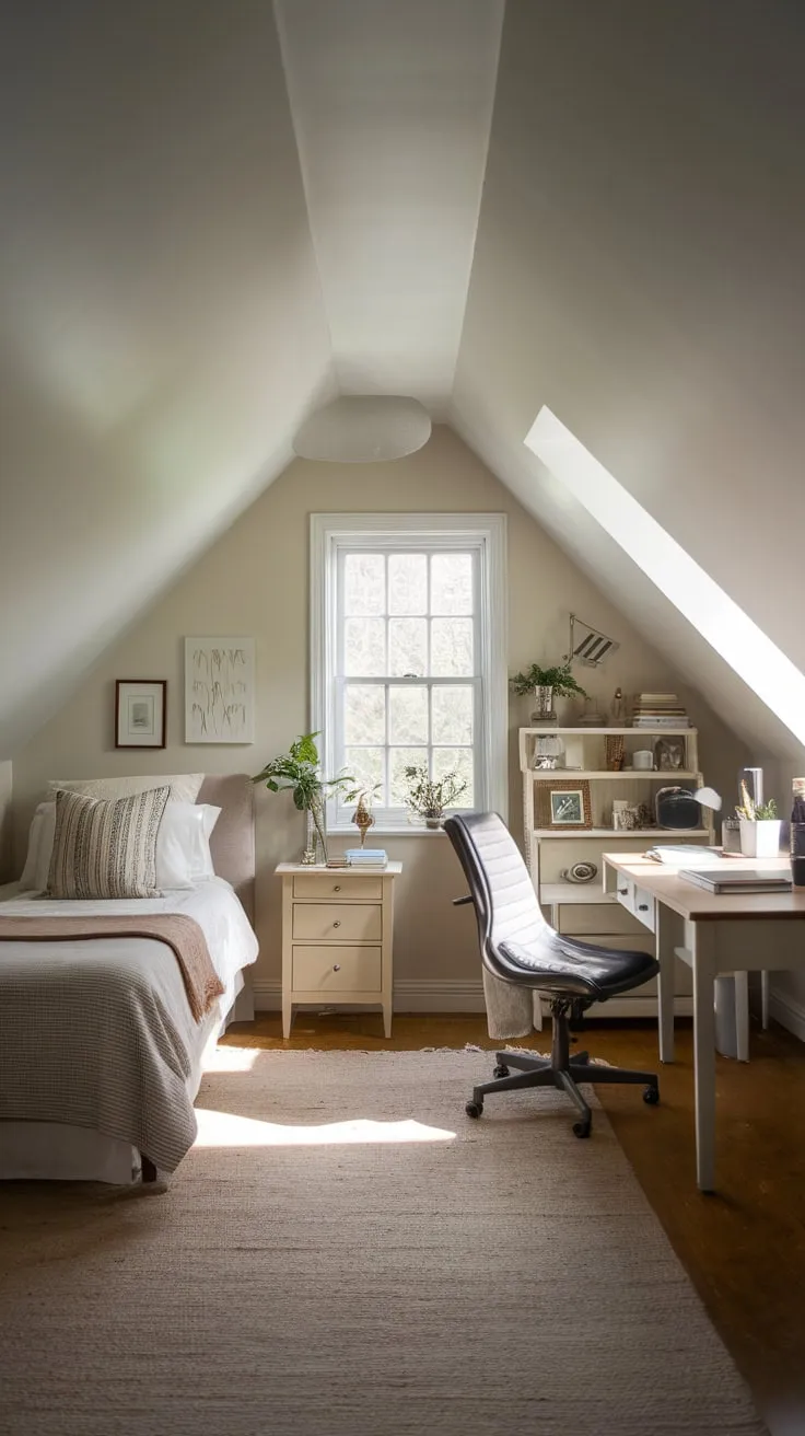 Sunlight streams through the dormer window, illuminating the serene sanctuary that is your attic bedroom; a haven of neutral tones and thoughtful arrangement, promising a peaceful escape beneath the comforting slant of the ceiling.
