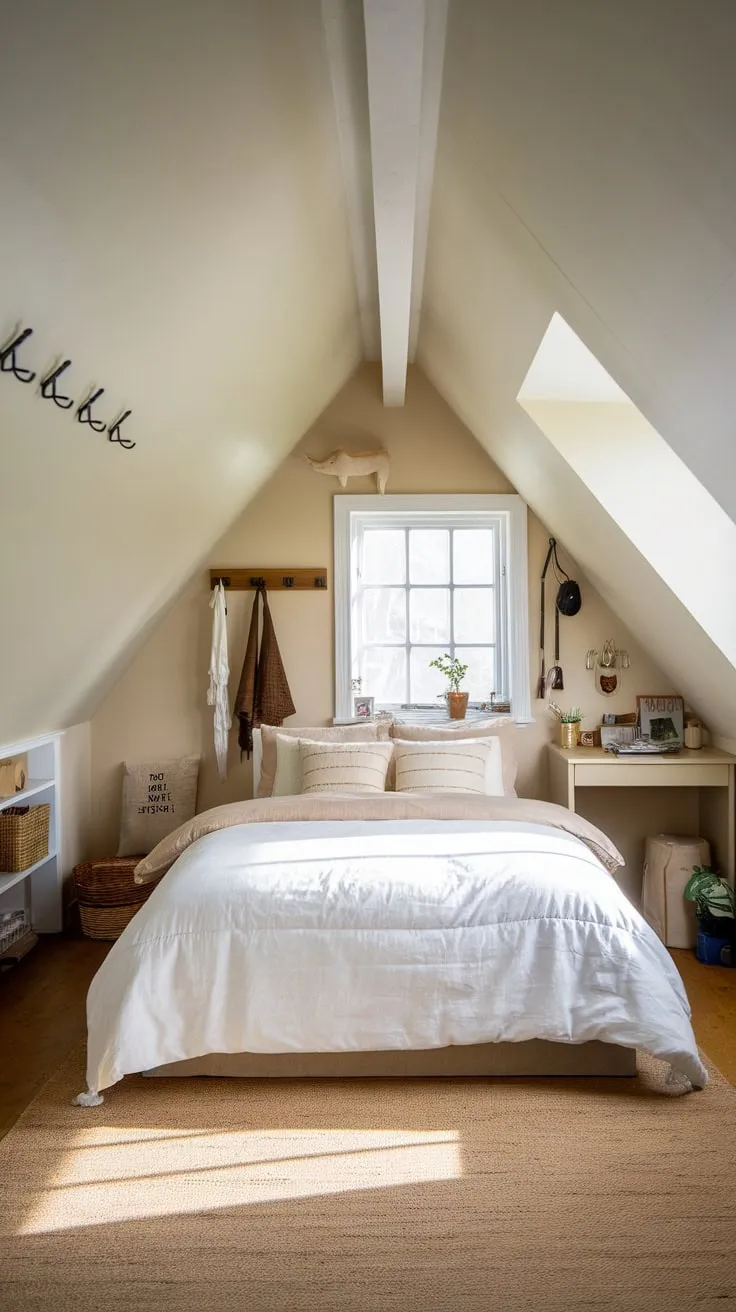 The sloped ceilings and exposed beams of this attic bedroom whisper of cozy nights and inspired mornings, a haven where you can shed the day's burdens and embrace your inner muse.