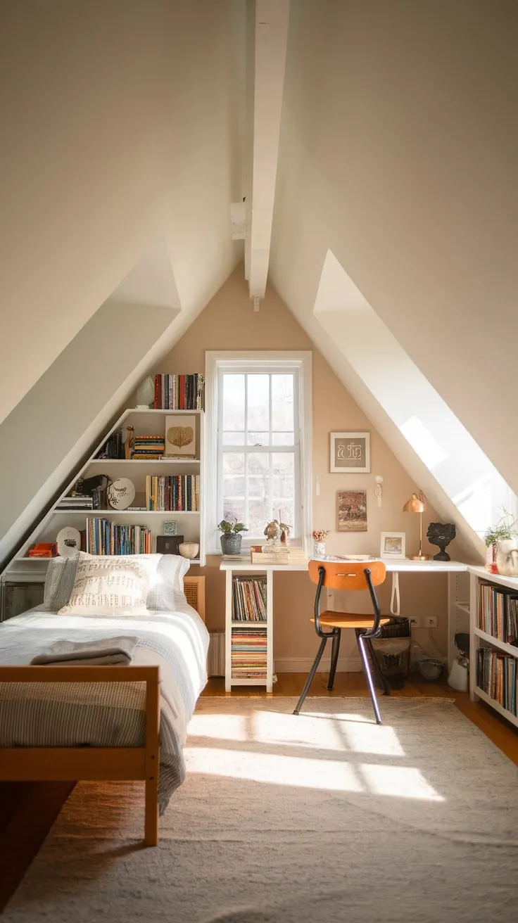 Sunlight spills through the dormer window, painting the attic bedroom in a serene glow, a haven where comfort and clever organization dance together in a space that feels both beautifully designed and utterly yours.