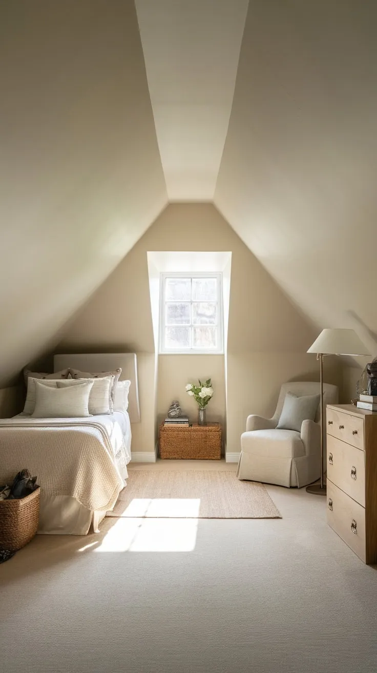Sunlight spills into the attic bedroom, washing the neutral tones in a calming glow, beckoning you to sink into its comforting depths, a sanctuary where every carefully chosen element whispers of peace and escape.