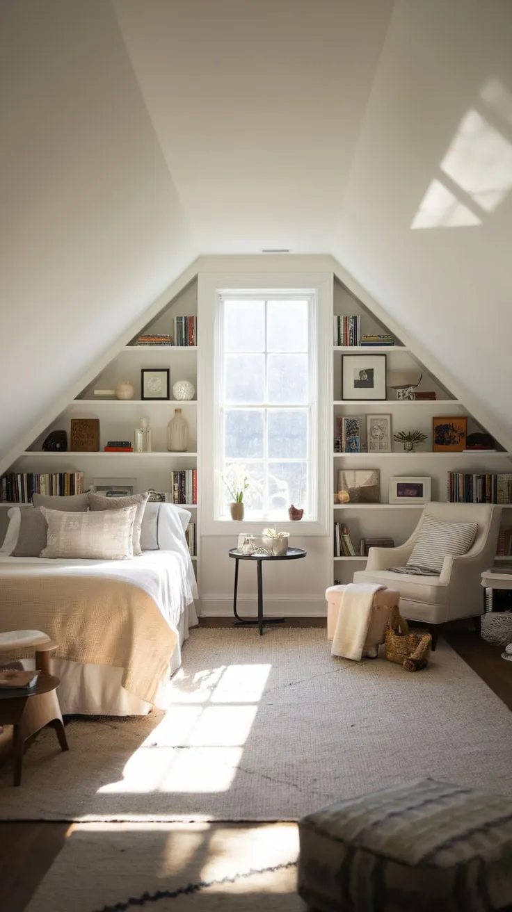 This charming attic bedroom, with its neat arrangement and inviting decor, offers a perfect retreat for relaxation and inspiration.