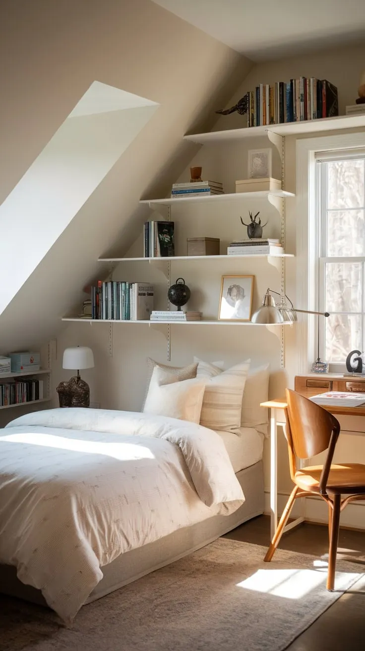 Step into the attic bedroom, where serenity reigns and chaos retreats. The plush white duvet whispers promises of restful slumber, while the meticulously arranged books hint at untold stories waiting to be discovered, crafting a retreat designed to soothe your soul and ignite your imagination.