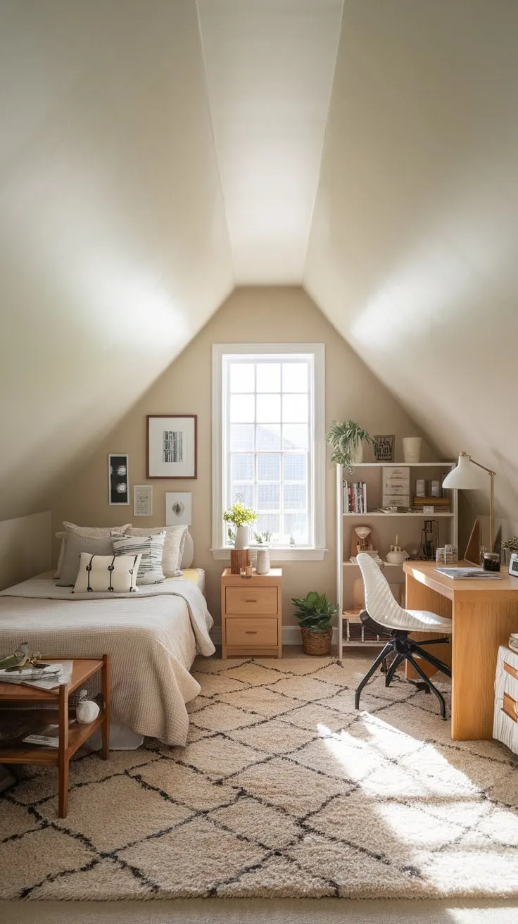 This well organized attic bedroom exudes warmth and simplicity, making it the perfect retreat for relaxation and creativity.
