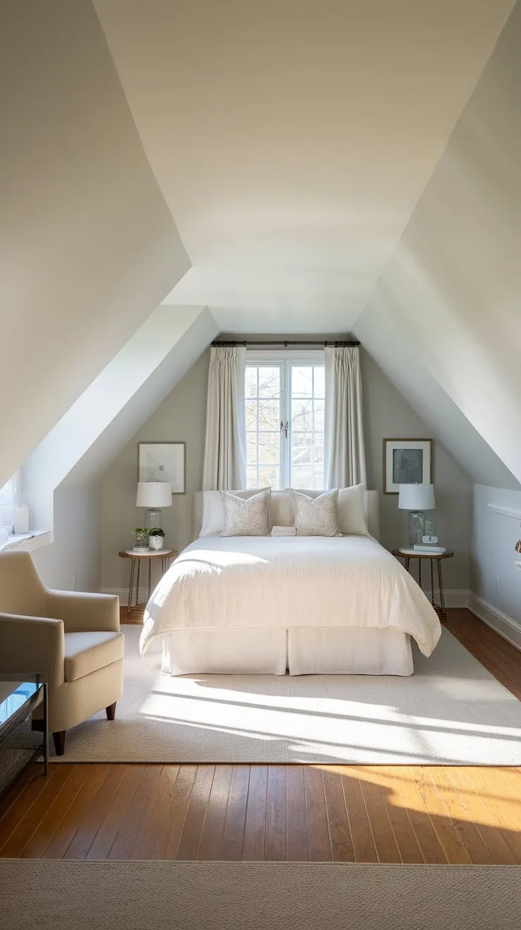Sunlight streams through the dormer window of this attic bedroom, painting the exposed beams in a honeyed glow, wrapping you in a cocoon of warmth and whispering promises of undisturbed serenity. It's a sanctuary crafted for you, a place where worries melt away like snow in spring.