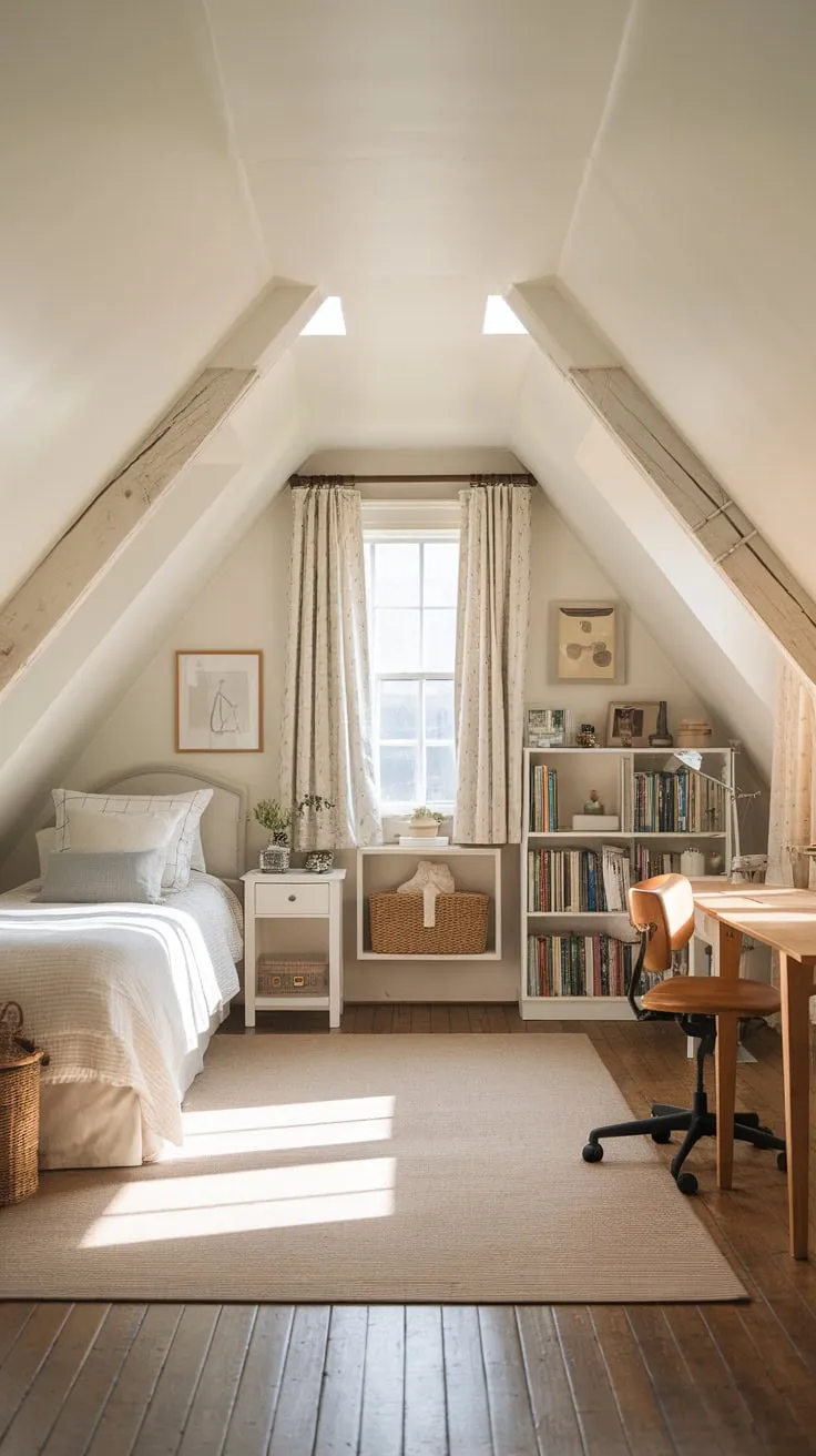 Ascend the stairs and discover your attic bedroom, a beautifully conceived sanctuary where comfort and style dance in perfect harmony, wrapping you in a warm embrace of neutral tones and ingenious spatial arrangements.
