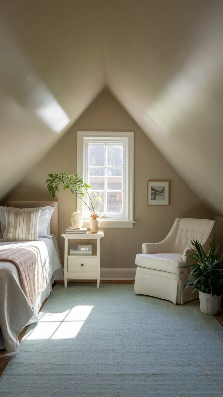 Sunlight spills into the attic bedroom, wrapping you in a cocoon of warmth and tranquility, where soft, neutral hues dance with natural textures to craft a truly inviting escape.
