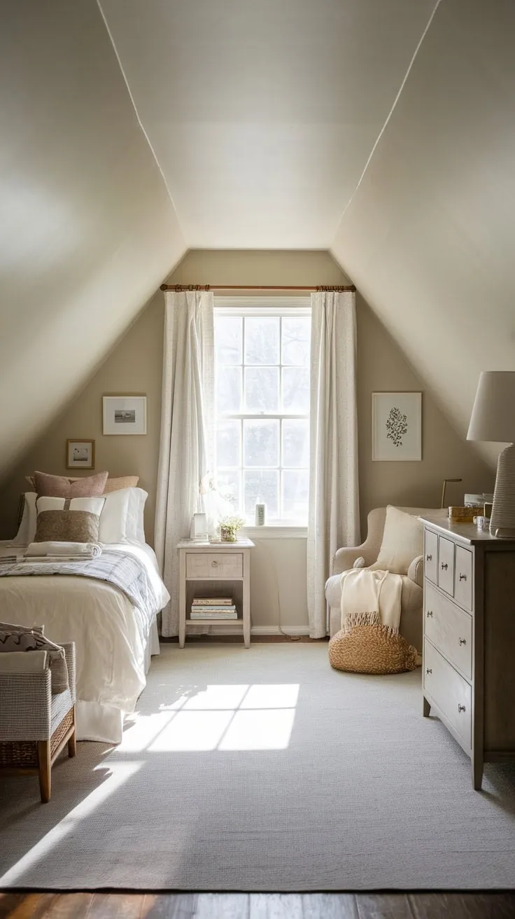 Sunlight streams through the dormer windows of this attic bedroom, painting the exposed beams in a honeyed glow, wrapping you in a cocoon of warmth and whispering promises of undisturbed serenity.