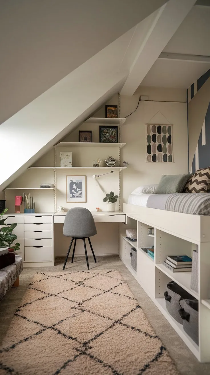 Transforming this attic space into a cozy attic retreat was a dream come true!  This attic renovation showcases smart attic storage solutions within a small attic bedroom, featuring a loft bedroom design that's both functional and stylish.  The attic bedroom furniture and attic bedroom decor create a welcoming and efficient attic living space, offering inspiration for your own attic room ideas.