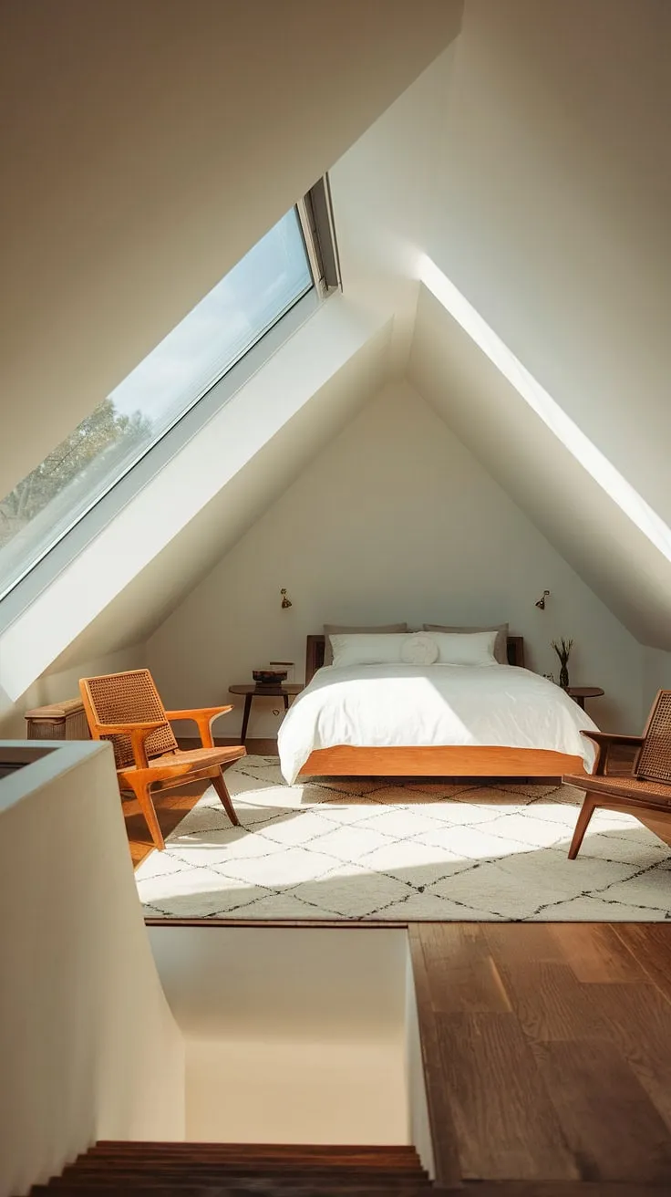 This loft bedroom, a stunning attic renovation, balances rustic charm with modern minimalism.  The attic bedroom furniture perfectly complements the airy attic design, creating a cozy attic filled with natural light from the skylight.  Smart attic storage solutions maximize functionality in this small attic bedroom, showcasing the potential of attic living space.  Explore the possibilities of attic bedroom decor and attic space utilization with this inspiring attic room ideas.