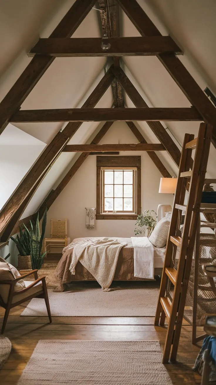 Escape to this cozy attic, a perfect blend of rustic charm and modern attic bedroom decor.  This attic renovation expertly utilizes the sloping roof and exposed beams, creating a unique loft bedroom.  The attic bedroom furniture is carefully chosen to maximize the small attic bedroom's space, showcasing smart attic design and attic space utilization.  Find inspiration for your own attic room ideas in this beautiful attic living space.