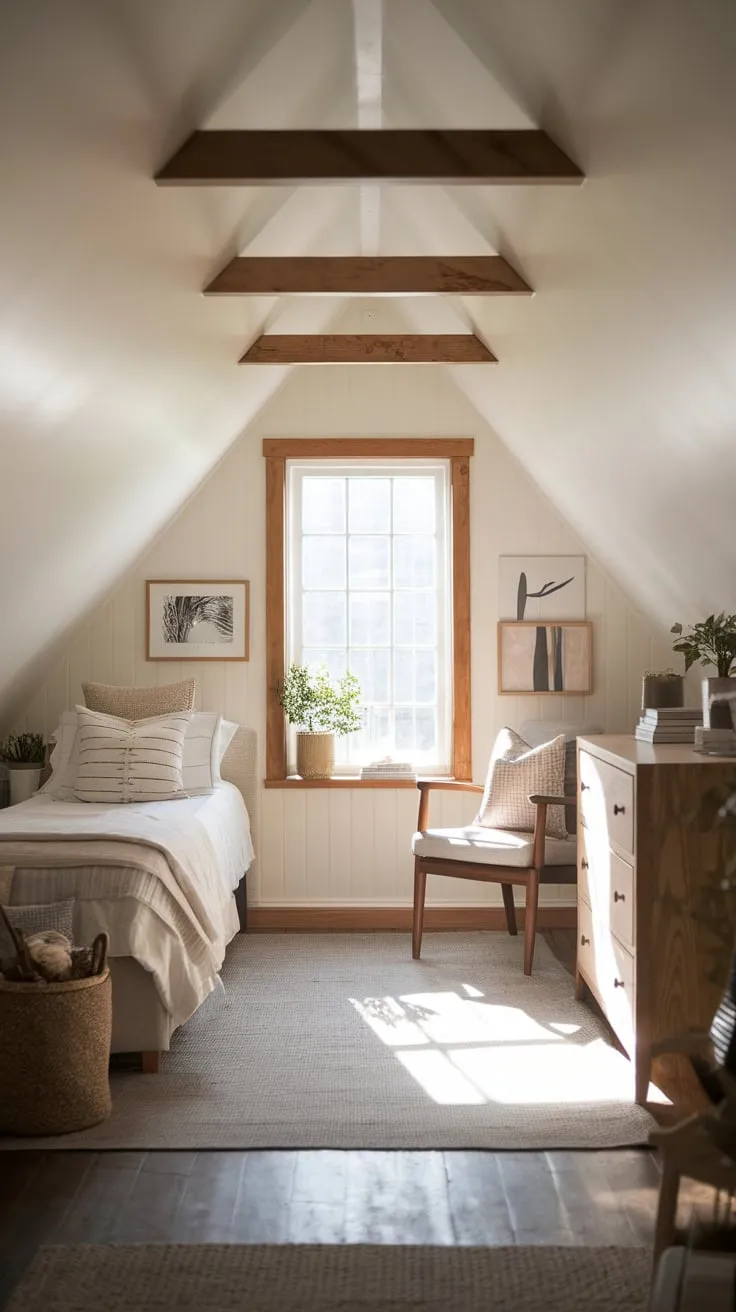 This beautifully designed attic bedroom exudes warmth and tranquility, making it the perfect retreat for relaxation and inspiration.