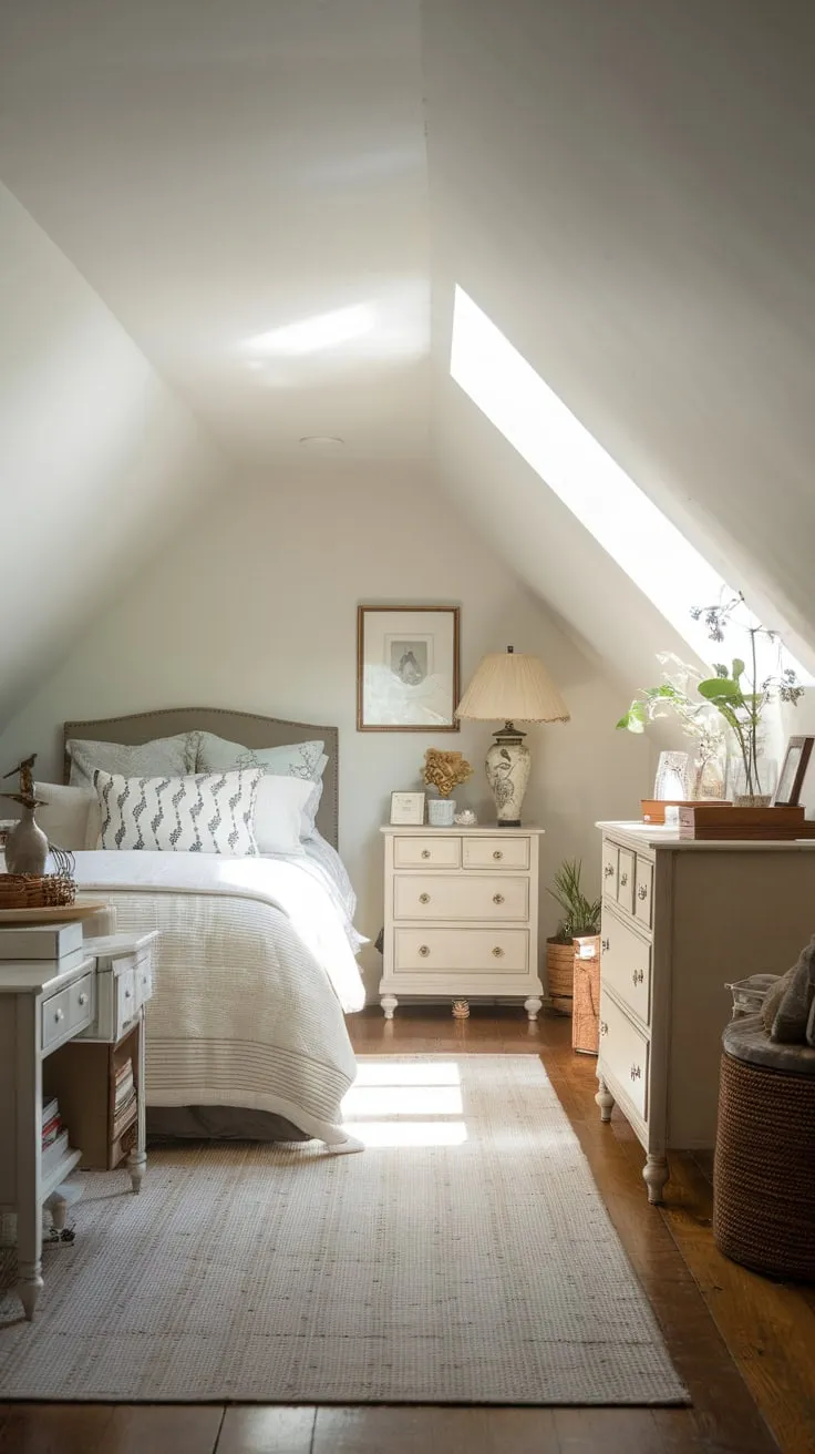 Step into the attic bedroom and feel instantly embraced by its inviting atmosphere, a space where comfort and chic minimalism dance together in perfect harmony.