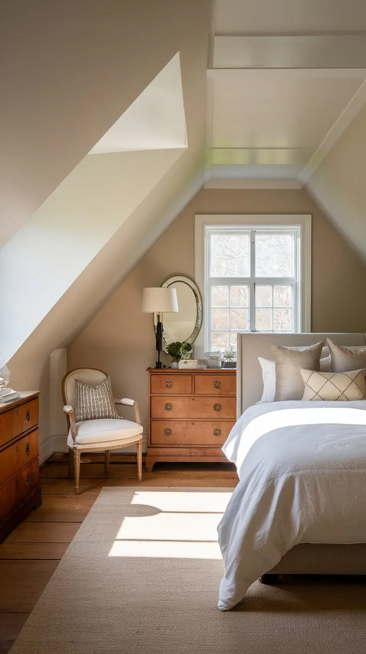 Sunlight streams through the dormer windows of your attic bedroom, where cozy elegance dances with a streamlined design, crafting a sanctuary perfectly poised for your ultimate relaxation and comfort.