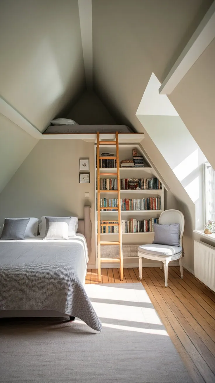 Beneath the eaves of a gently sloping roof, a serene attic bedroom awaits, beckoning you to shed the day's burdens and sink into its tranquil embrace. Soft grey tones whisper of calm, while a curated collection of books promises hours of peaceful escape.