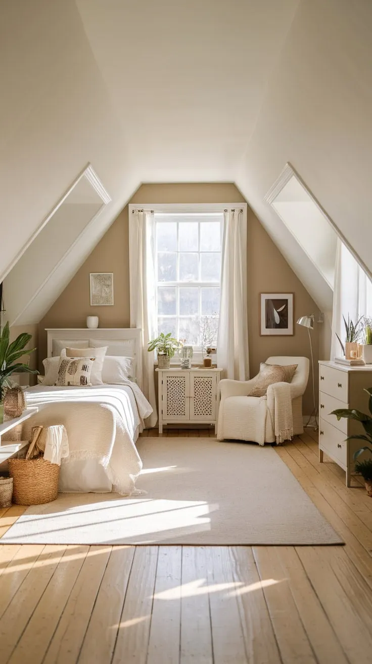 Sunlight streams through the dormer windows of this attic bedroom, bathing the exposed beams in a golden glow that wraps you in warmth and whispers of tranquility, transforming the space into a sanctuary where relaxation and inspiration intertwine.