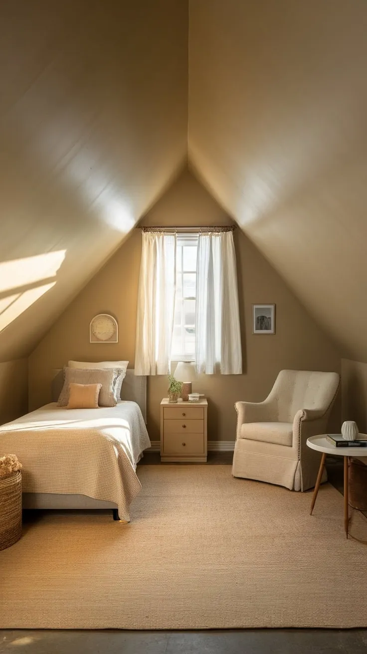 This well organized attic bedroom exudes a serene charm, inviting you to unwind in its warm, neutral tones and cozy furnishings.