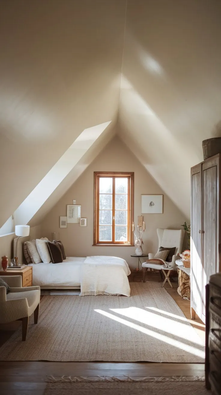 Ascend the stairs and discover a haven of peace; the attic bedroom, a carefully curated sanctuary of neutral tones, invites you to unwind in its simple yet luxurious embrace.