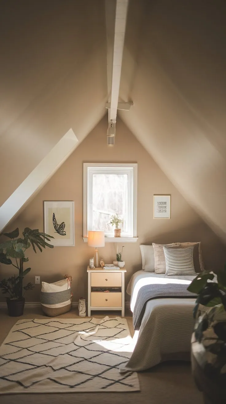 Step into the attic bedroom and feel the weight of the day melt away. The air hums with a quiet energy, a blend of rustic charm and serene calm, beckoning you to lose yourself in its cozy depths, surrounded by thoughtfully placed treasures that whisper stories of comfort and peace.