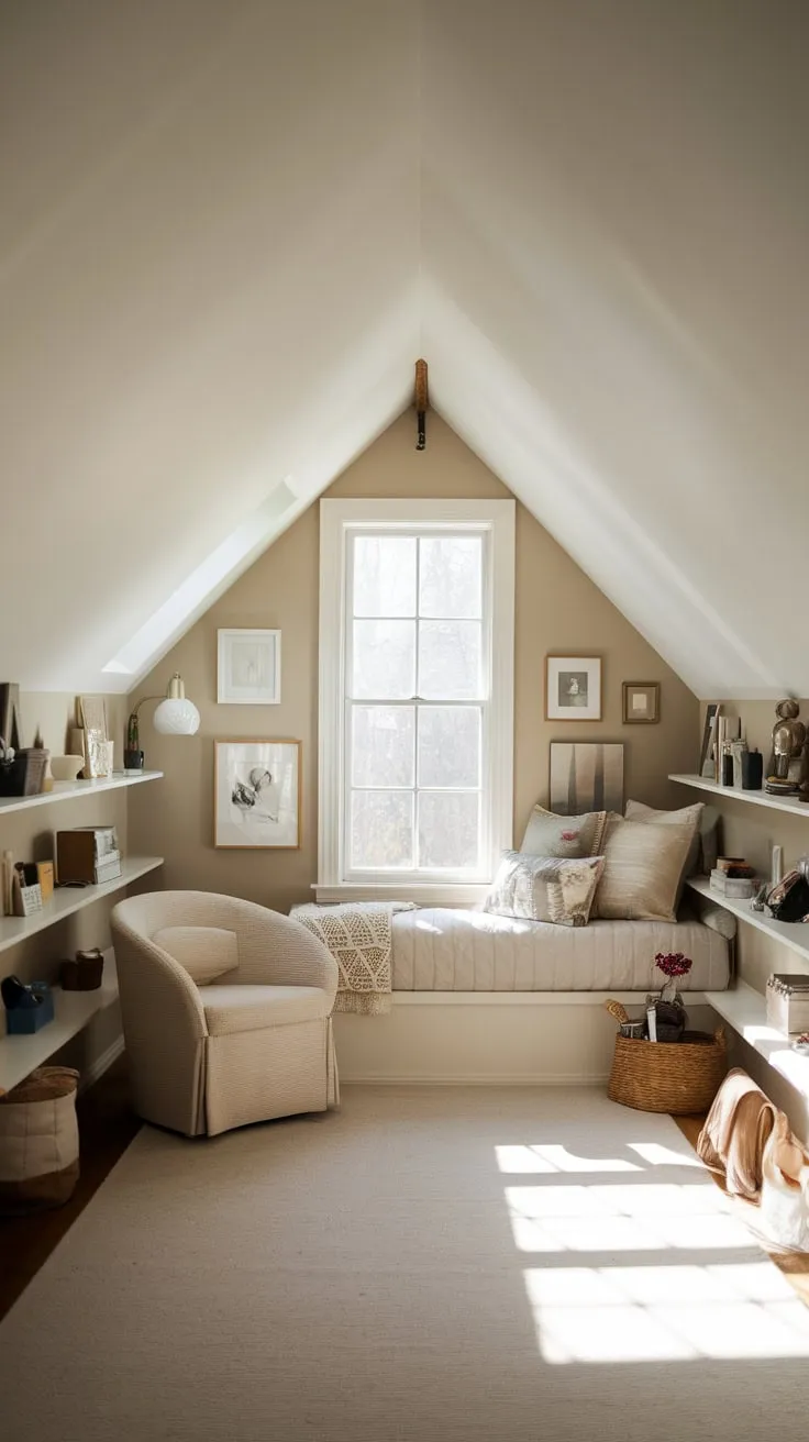 This well organized attic bedroom invites you to unwind in its serene atmosphere, where every personal touch adds warmth to the tranquil space.