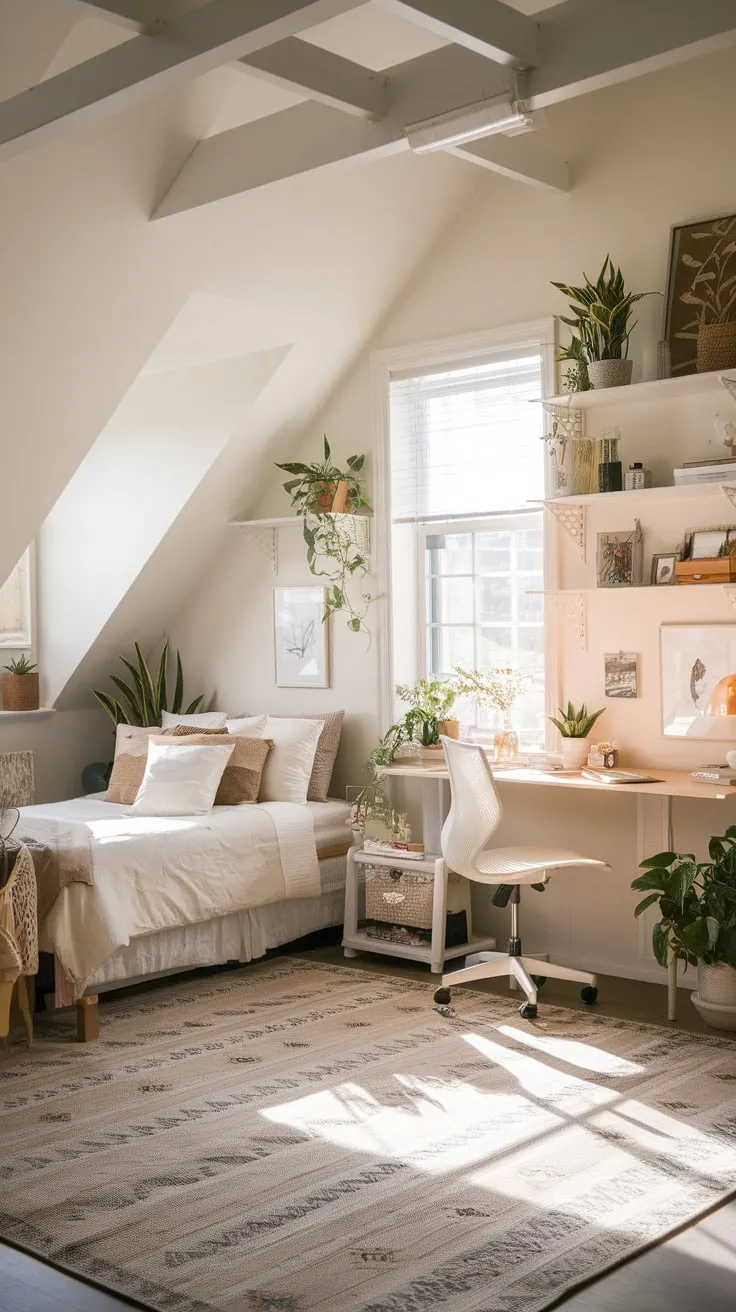 Step into this attic sanctuary, where the gentle slope of the roof and the soft textures conspire to create an atmosphere of profound peace, inviting you to unwind and unlock the wellspring of your imagination.