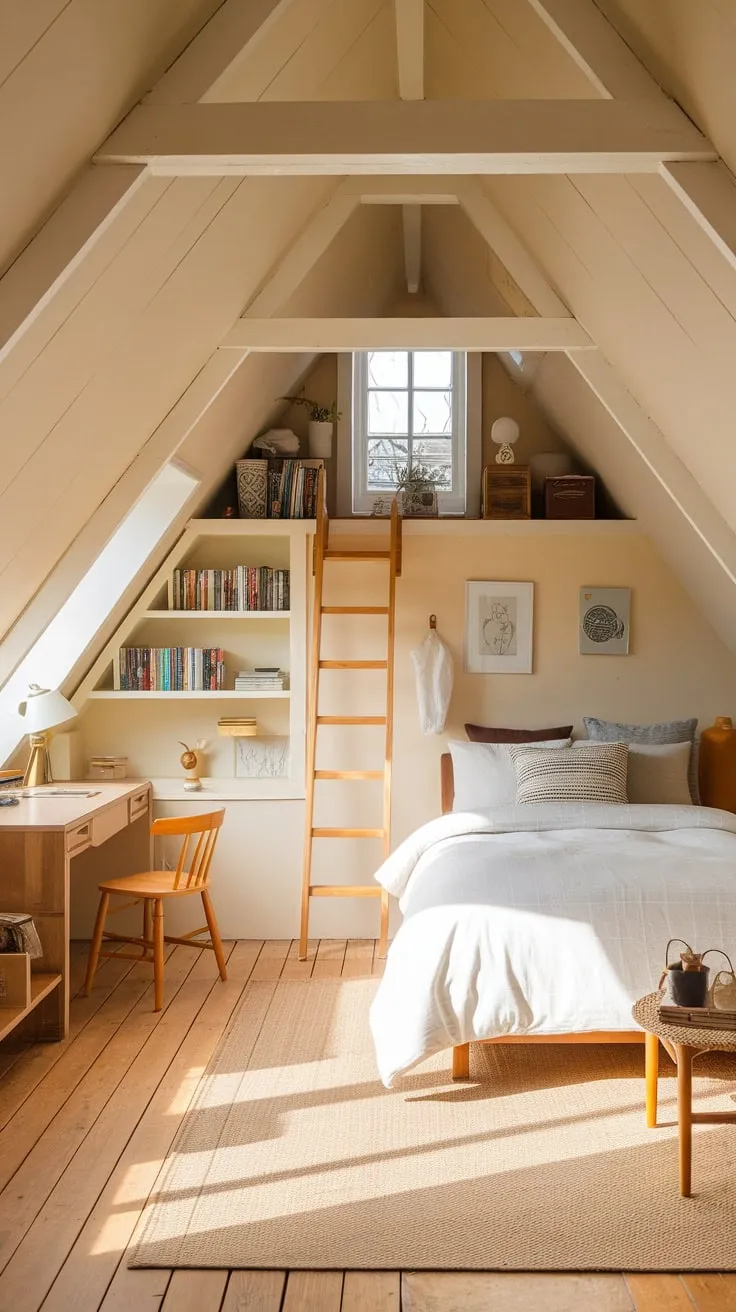 Step into the attic bedroom, where a sense of calm washes over you. The space, meticulously organized and bathed in soft, neutral light, feels like a sanctuary. You can almost feel the stress melting away as your eyes trace the thoughtfully curated decor, each piece contributing to the room's undeniable charm and urging you to unwind.