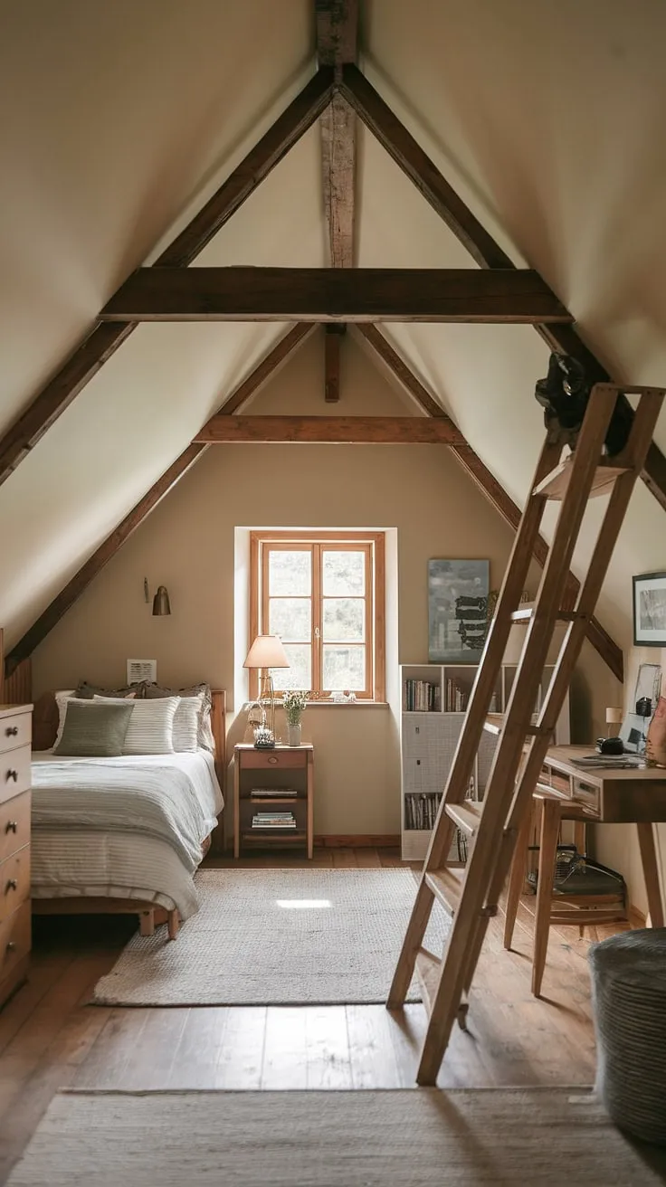 This rustic attic bedroom, a stunning example of attic conversion, maximizes space with clever attic space utilization.  The cozy attic boasts charming attic bedroom furniture, a modern attic bedroom feel, and ingenious attic storage solutions, proving that even a small attic bedroom can be a haven.  The attic design perfectly blends comfort and functionality, offering inspiring attic room ideas for anyone considering an attic renovation.