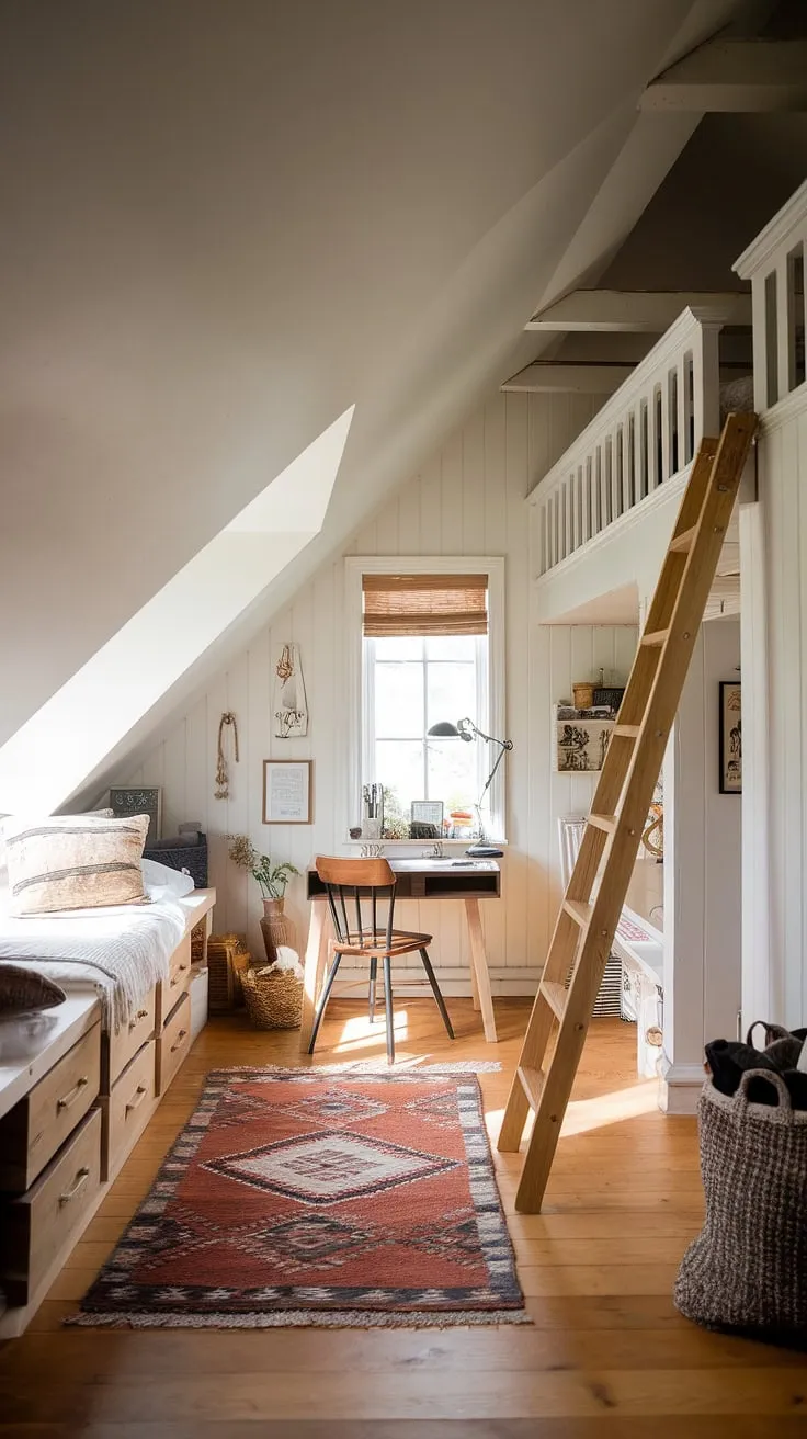 Sunlight streams into this rustic attic bedroom, showcasing clever attic space utilization with a loft bed and built-in storage.  The attic conversion is a masterclass in small attic bedroom design, blending modern attic bedroom elements with cozy attic charm and thoughtful attic bedroom furniture choices. This attic living space is the perfect example of attic room ideas for maximizing comfort and style in a limited area.  The attic renovation resulted in a truly unique and functional attic bedroom decor.