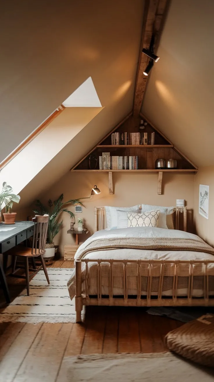 Transforming this attic space into a charming loft bedroom was a dream come true!  The attic renovation resulted in a cozy attic with a rustic attic bedroom decor, proving that even small attic bedrooms can be beautiful and functional attic living spaces.  This attic design perfectly balances modern attic bedroom elements with the warmth of a traditional attic bedroom.