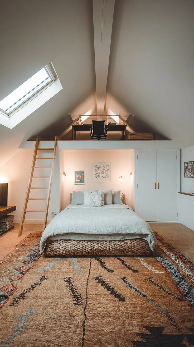 Transforming unused attic space into this inviting loft bedroom was a dream come true.  This attic renovation showcases the potential of attic living space, blending rustic attic bedroom furniture with modern elements for a cozy attic feel.  The attic bedroom furniture is perfectly scaled for the small attic bedroom, and the attic room ideas are brimming with inspiration for maximizing attic storage.