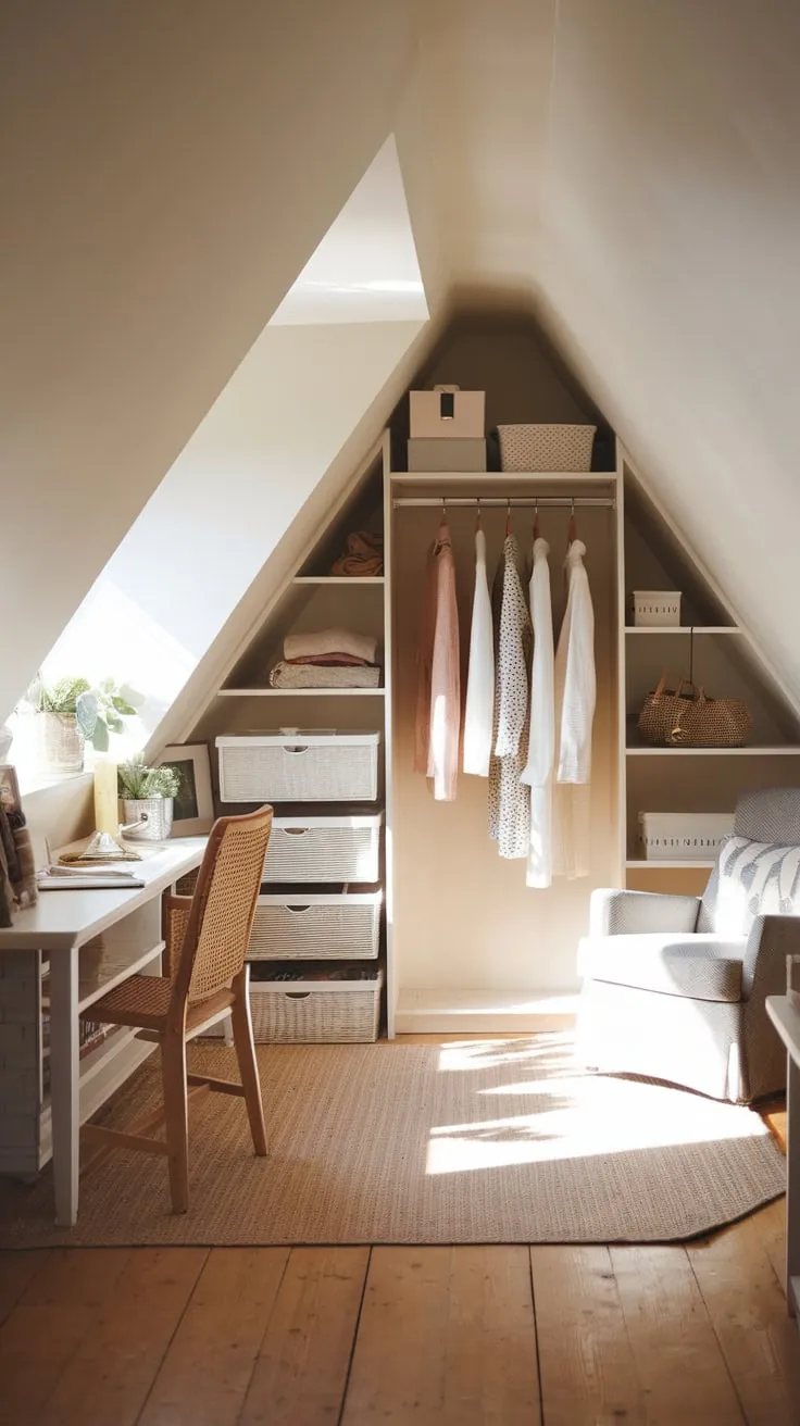 Ascend to your attic sanctuary, where a meticulously arranged dressing room, bathed in soothing neutrals, whispers an invitation to lose yourself in the art of personal style and find a moment of serene escape.