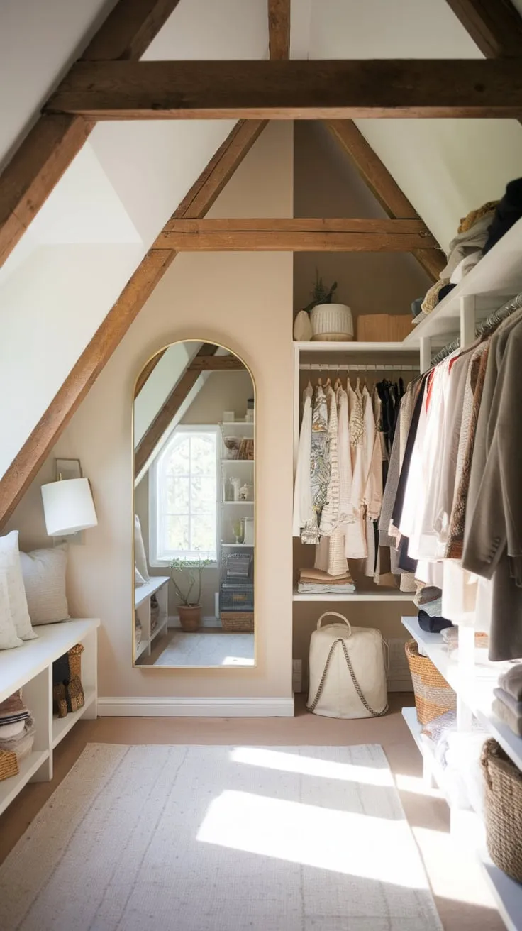 This attic dressing room beautifully combines rustic charm with modern elegance, creating a serene space for personal style and reflection.