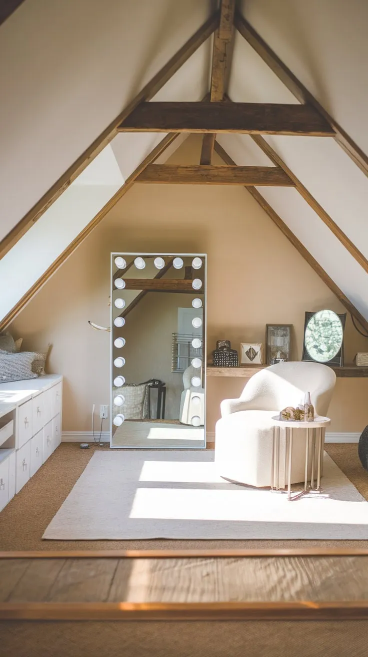 Step into your attic dressing room, where the raw beauty of exposed wooden beams dances with a soothing neutral palette, creating a uniquely charming and warm sanctuary – a space designed for you to curate your style and lose yourself in peaceful reflection.