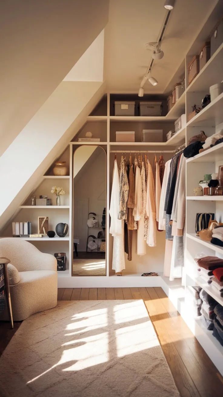 Ascend the stairs and discover your personal haven: an attic dressing room where the gentle slope of the roof and the comforting warmth of the wooden floor embrace you, inviting you to lose yourself amongst the organized shelves and rediscover your style in a space steeped in tranquil charm.