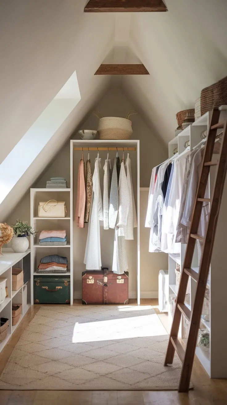 Step into your attic sanctuary, a dressing room where vintage charm dances with meticulous organization, inviting you to lose yourself in the art of assembling your signature style against a backdrop of soothing, neutral hues.