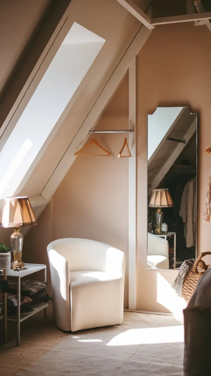 Sunlight streams through the dormer window of your attic dressing room, bathing the exposed beams and vintage vanity in a honeyed glow, beckoning you to lose yourself in the joy of self-expression and quiet contemplation.