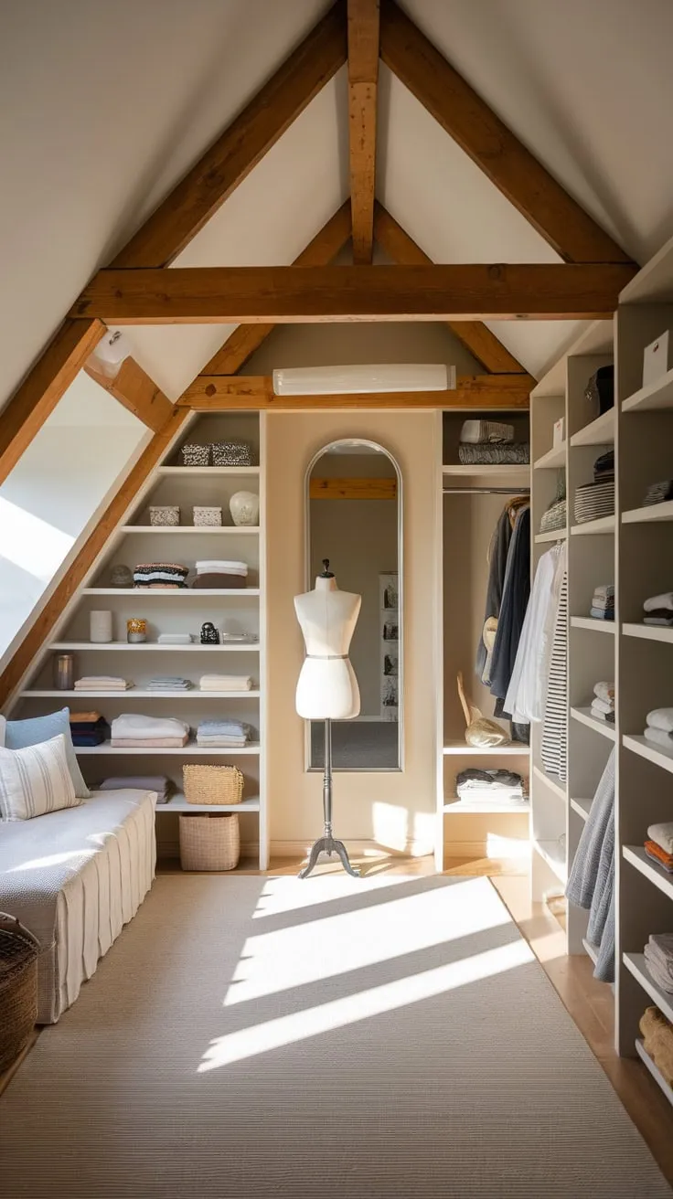 Step into your attic sanctuary, where the whisper of rustic timbers meets the gleam of contemporary chic, and feel the hum of inspiration as your clothes transform from mere garments into the vibrant expression of your unique self.