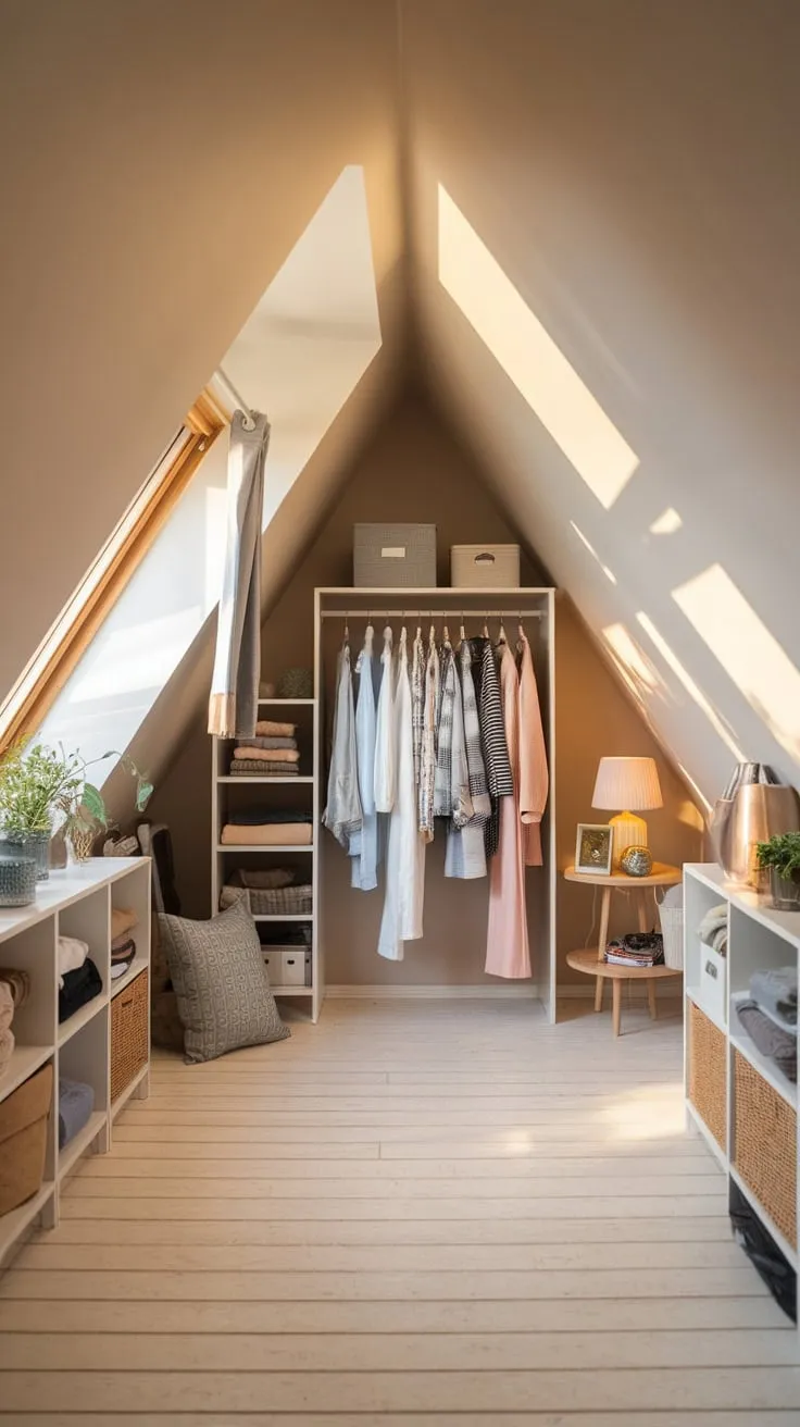 The sloped ceiling of the attic dressing room embraces you like a comforting secret, the air thick with the scent of lavender and old wood, as thoughtfully placed mementos and perfectly organized garments conspire to make you feel utterly, beautifully, at home.