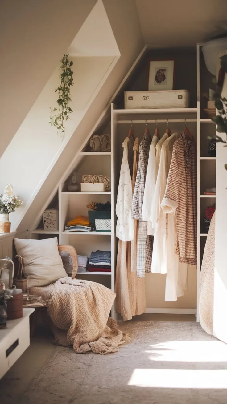 This attic dressing room exudes a charming vintage vibe, perfectly blending organization with a touch of personal style.