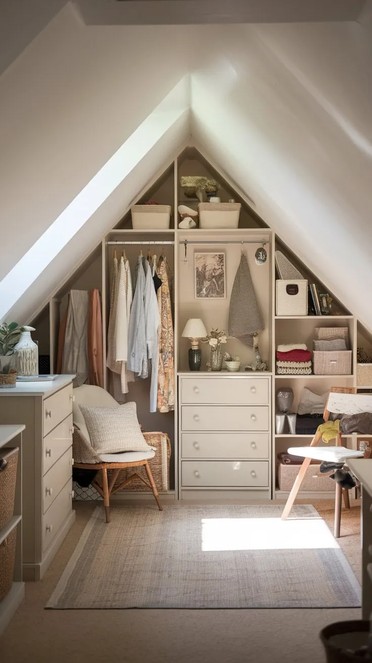 Sunlight streams through the dormer windows of your attic dressing room, a haven of organized bliss where exposed beams and vintage accents conspire to create a space as inviting as it is inspiring, beckoning you to lose yourself in the joyful pursuit of defining your signature look.