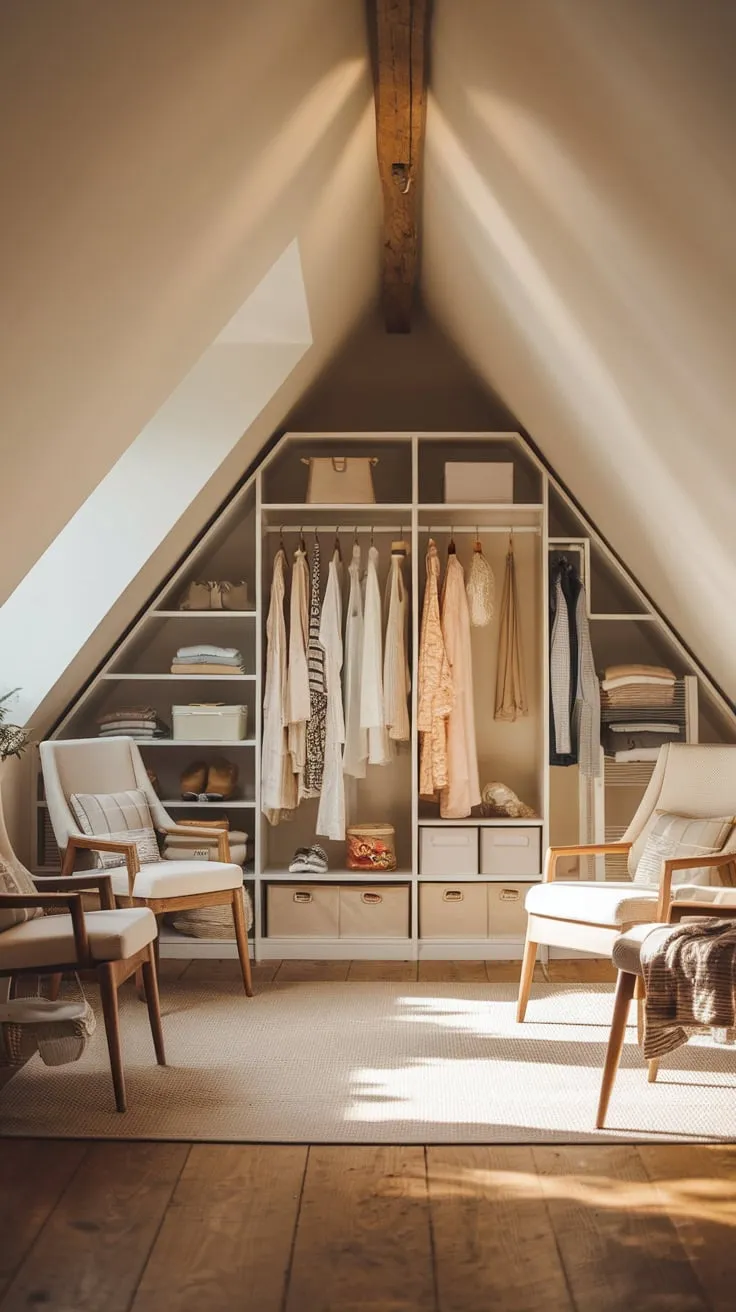 Sunlight streams through the dormer windows of your attic dressing room, each garment neatly arranged, creating a haven of tranquil elegance where your personal style blossoms.